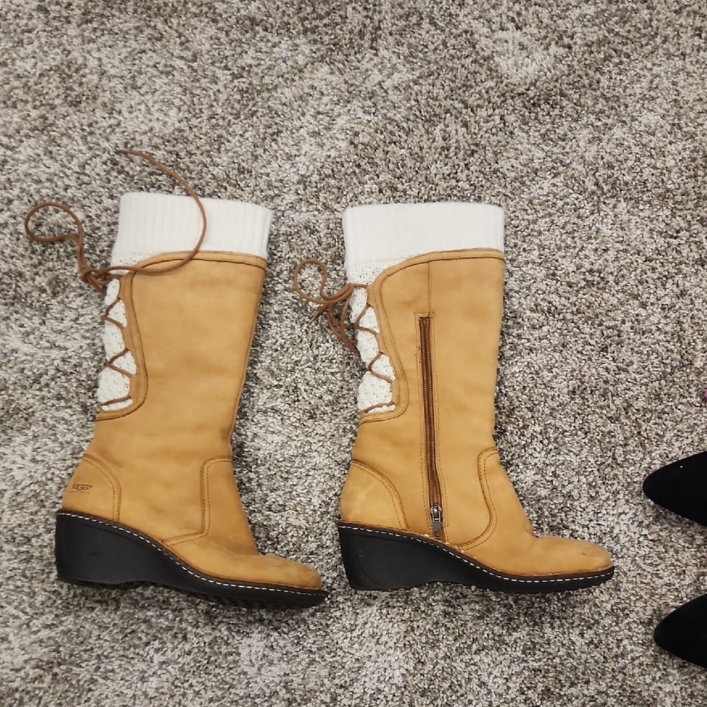 UGG Tan Boots with White Knit Accents